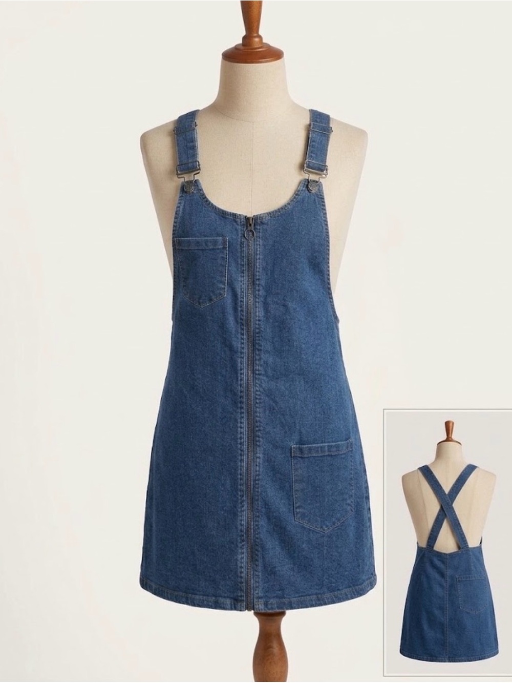 Denim Full Zip Front Overall Jumper Bib Pinafore Dress 90s Y2K Retro Festival M